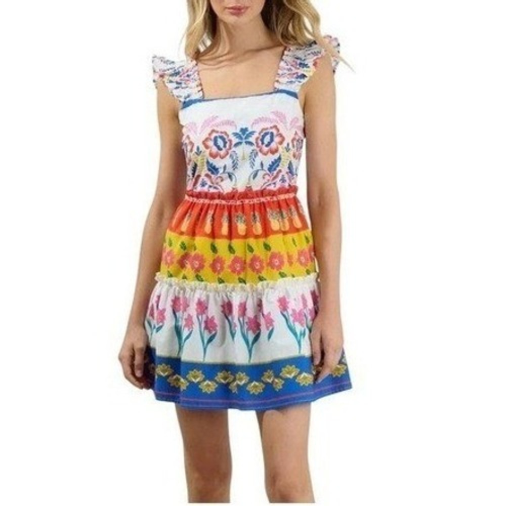 Sugar Lips Tropical Floral Print Ruffle Mini Dress Smocked Back Multi Color
